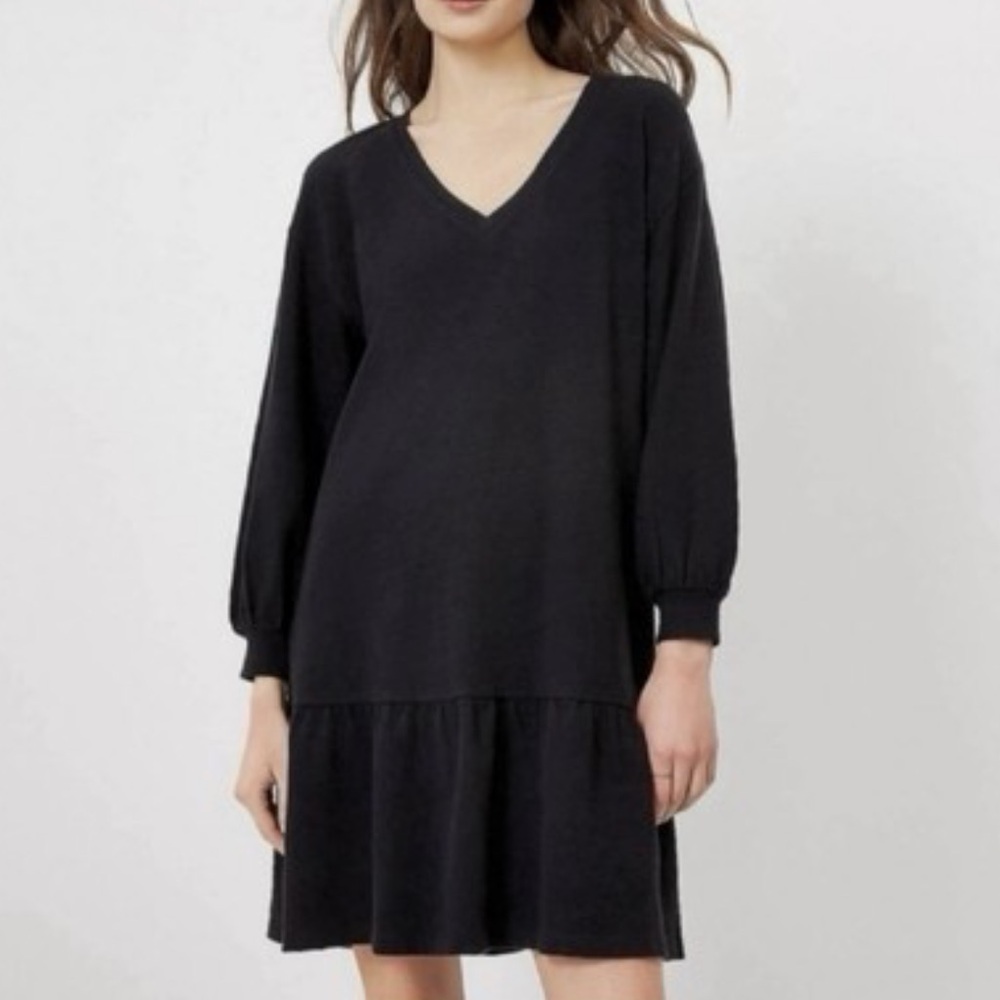 New Loft Black V-neck Long Sleeve Midi Dress 100% Cotton Fall Winter Size Small
